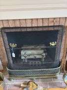 Brass fireplace fender, wire fireplace screen, brass andirons 39in wide