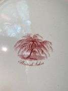 Contents of shelf: red Staffordshire transfer printed platter and plates, including British Lakes pattern