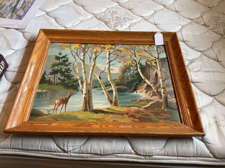 Vintage paint-by-number painting, deer by river, framed 22x28