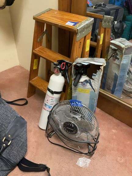 Short step ladder, fire extinguishers, Lakewood electric fan