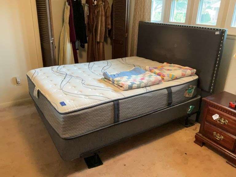 Bed/frame w/ upholstered headboard w/ tack head detail, metal bed frame, and Perfect Sleeper Elite mattress set - no contents 61x74