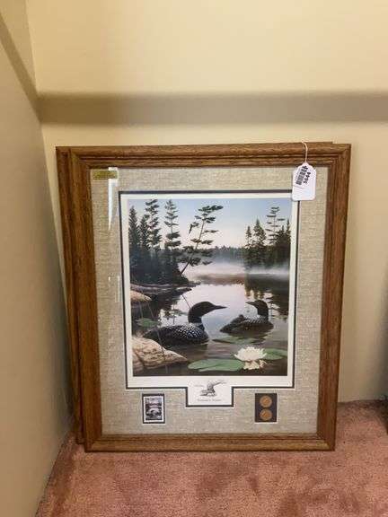 1990 Leo Stans print w/ stamp and medallions, Boundary Waters, framed 21x25