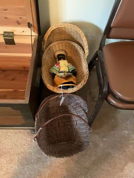 Wicker doll crib w/ Black cloth doll, woven basket