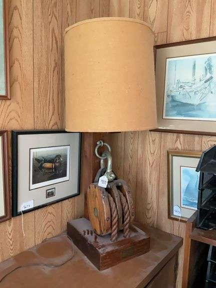 Wooden pulley table lamp: Zane Gray 1943/Sub-Sea Artifacts/ Annapolis MD, w/ burlap shade