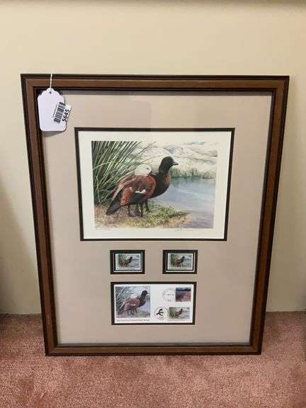 Adele Earnshaw First New Zealand Duck stamps, limited edition print and first day cover, framed 18x22