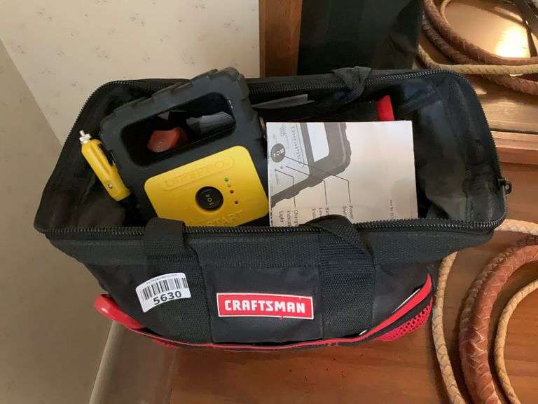 Craftsman toolbag and contents: cordless drill, work light, misc