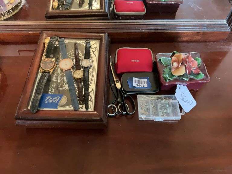 Wrist watches, dresser box, Kodak Easy Share C190 camera w/ case, ceramic dresser box, scissors, hardware, misc