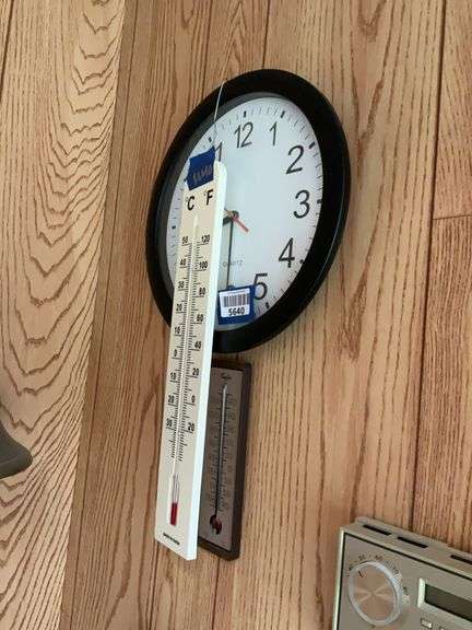Quartz wall clock and two thermometers