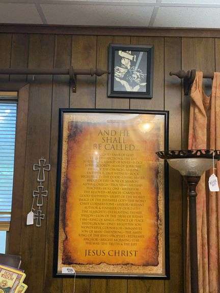 Wall hangings: framed poster and prints, hanging angel, linked crosses