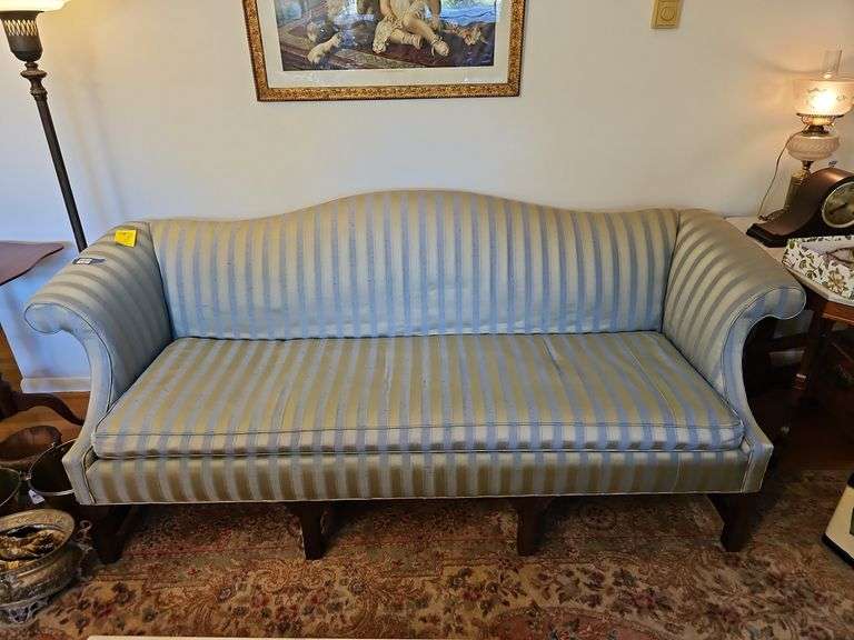 Globe Furniture camel back sofa in damask stripe upholstery, square carved front legs 7 ft w