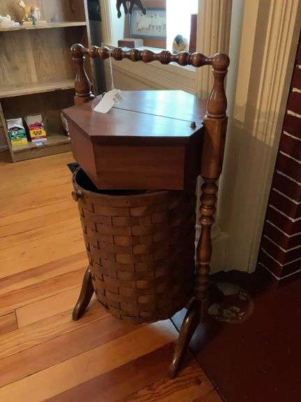 Turned wood sewing stand w/ lower basket