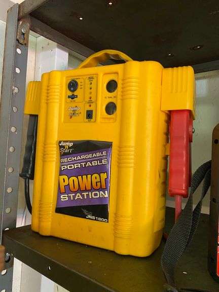 Contents of shelf: portable power supplies, power station & air compressor