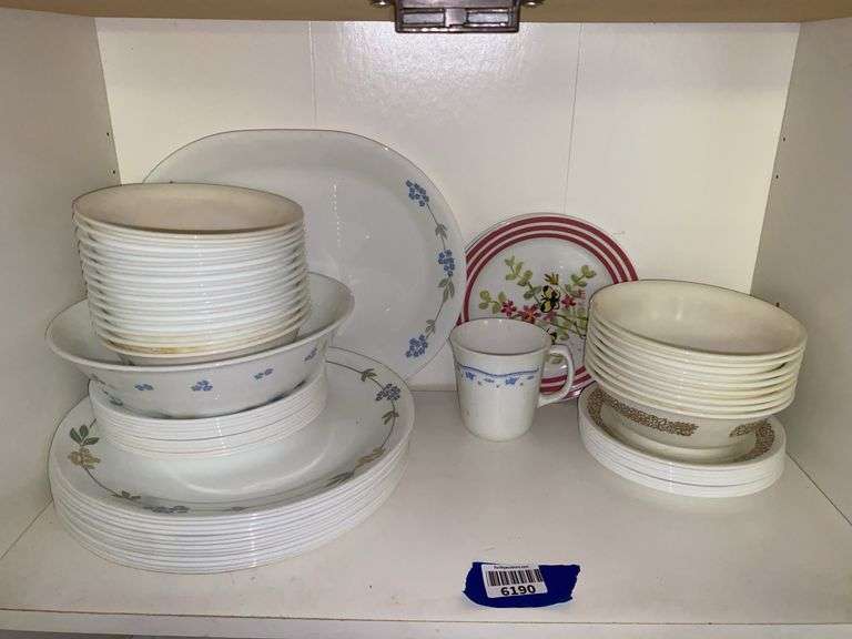 Contents of shelf: various Corelle dinnerware