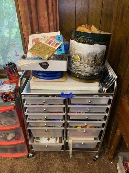 Rolling metal drawer unit and craft supply contents