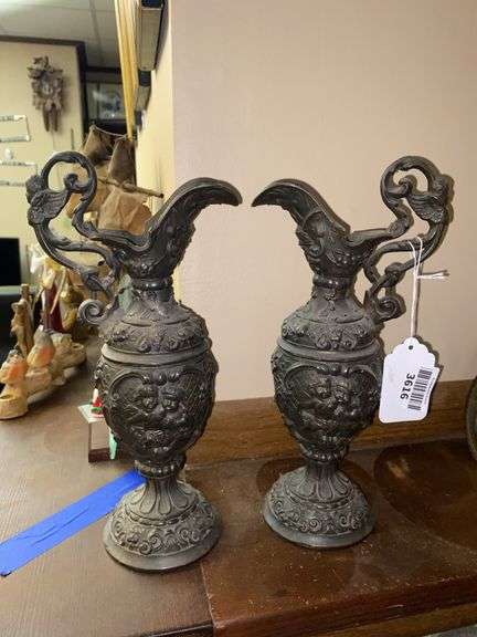 Pair of Renaissance Revival cast metal ewers