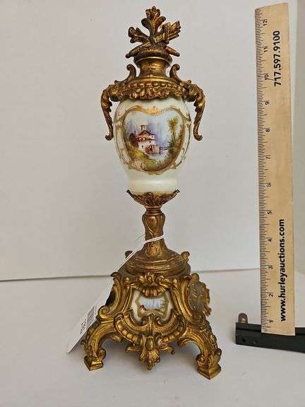 Mantel garniture w/ handpainted milk glass body and base panel, in ormolu stand