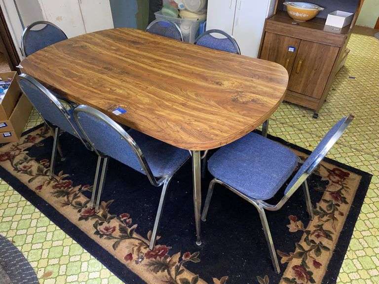 Vintage chrome kitchen set w/ extension table and set of six chairs w/ blue seats/backs 58x36x29.5
