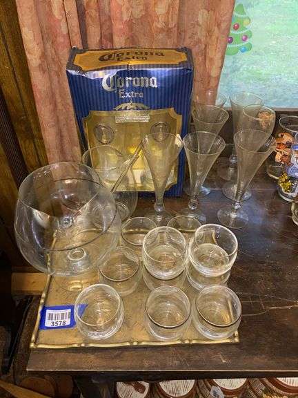 Mid-century cocktail pitcher/glasses set, champagne flutes, Corona Extra beer glasses