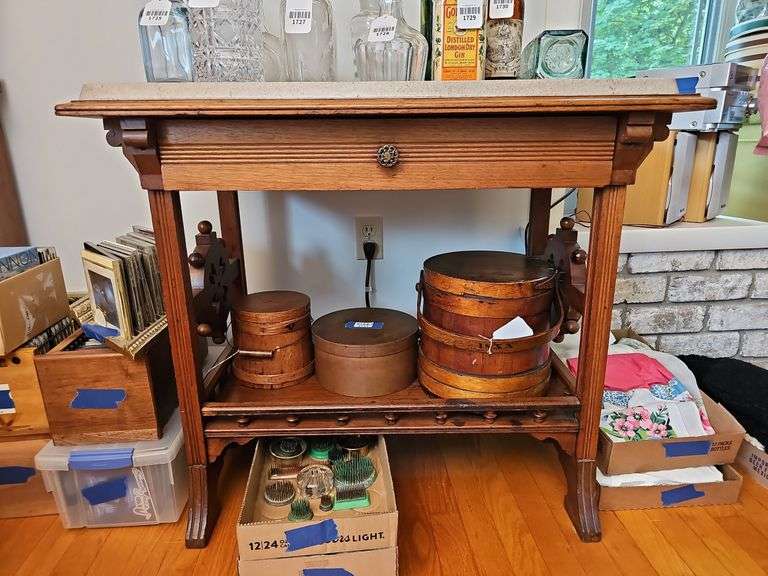 Eastlake 2-tier parlor table w/ added stone top, drawer in apron, heart cutouts in side panels - no contents 30 in h, 34 in w, 20 in d