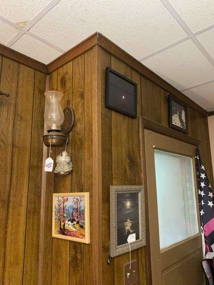 Wall hangings: bracket oil lamp, oil paintings, artist proof print, framed prints