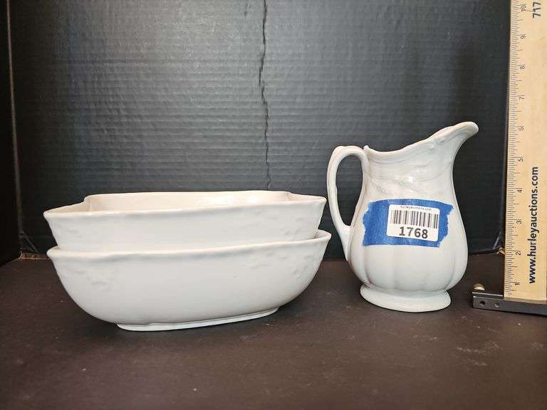 White Ironstone China - two matching vegetable bowls, Wheat pattern pitcher,