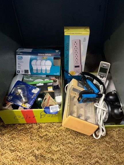 Lightbulbs, power strip, cordless phone, headphone radio, alarm clock