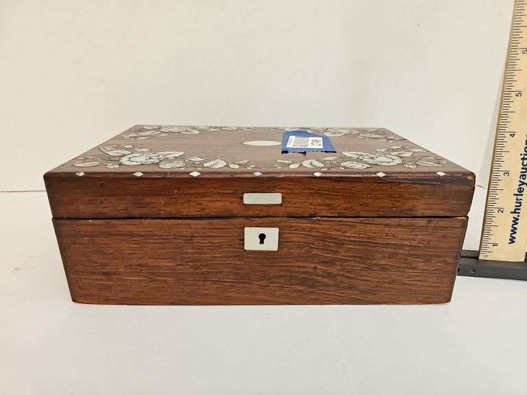 Inlaid Mother of Pearl hinged document chest w/ key