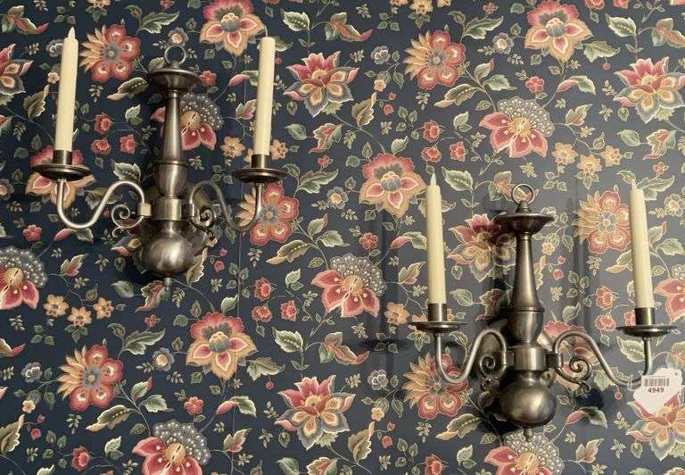 Pair of pewter finish double candle wall sconces