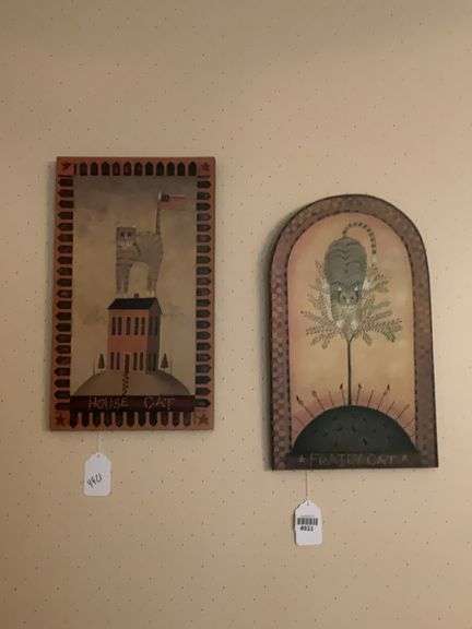 Wall hangings: two folk art cat plaques 18in long