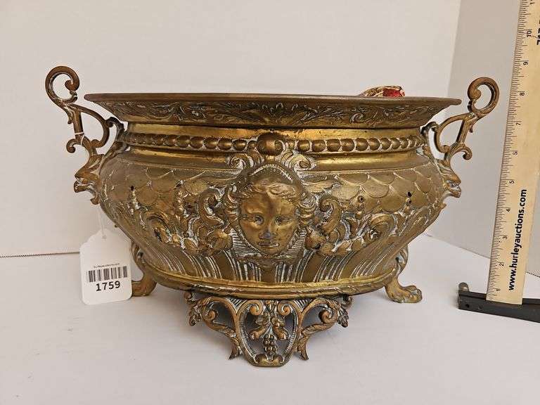 Victorian brass planter, early table cover
