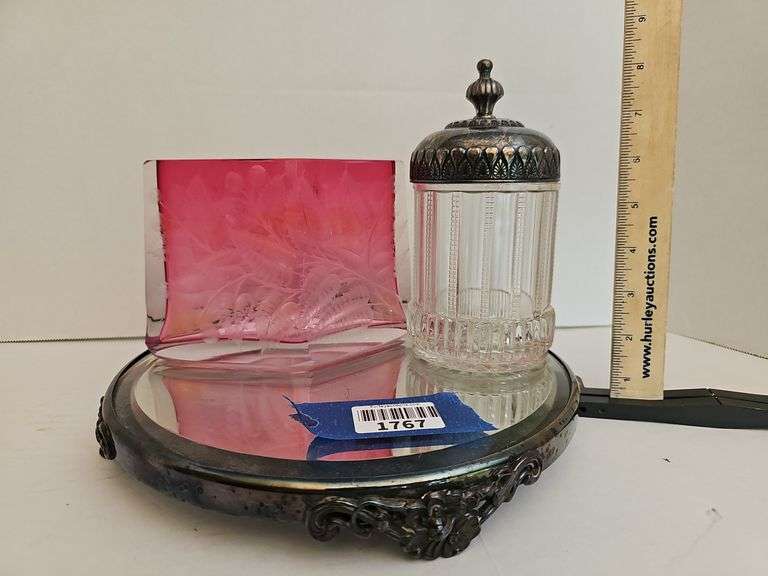 Ornate table mirror plateau, cranberry etched vase, EAPG covered jam jar
