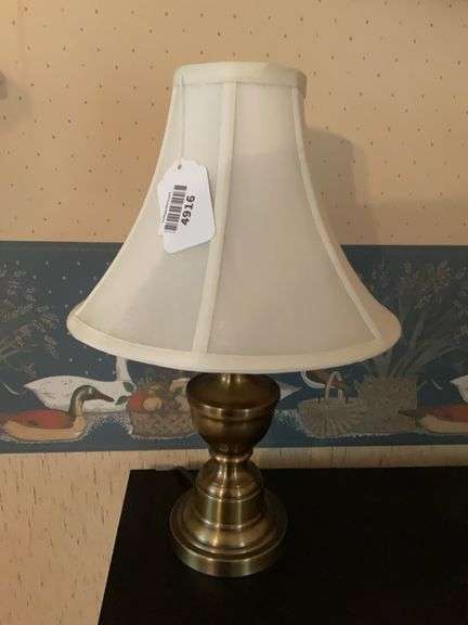 Brass tone table lamp w/ flared fabric shade