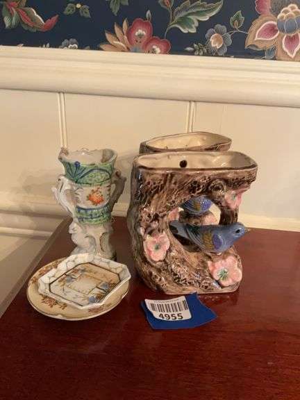 Pair of bird/tree wall vases, mini porcelain vase, satsuma saucer, small square porcelain dish