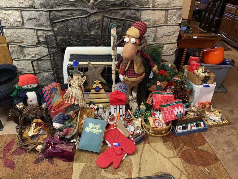 Christmas lot: standing moose figure, Nativity set, ornaments, various decor