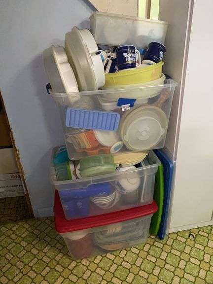 Totes of plasticware, kitchenware