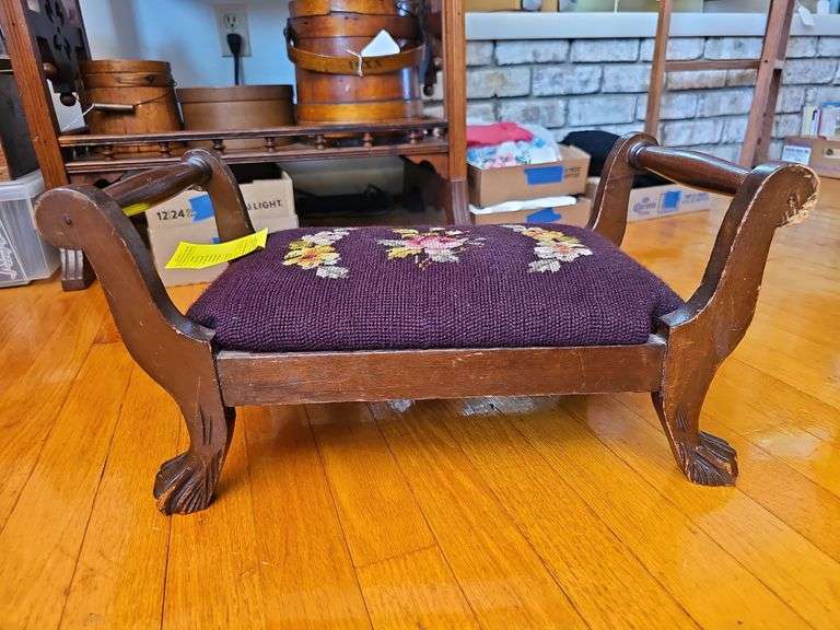 Needlepoint walnut handled footstool