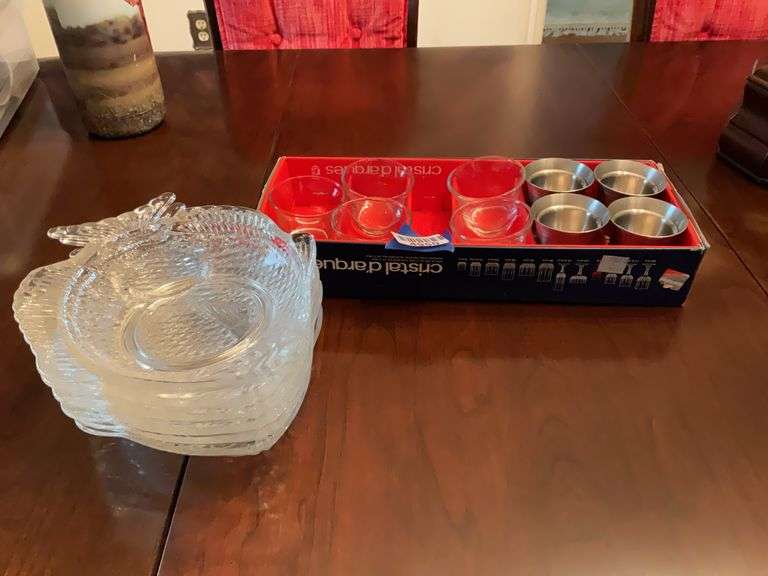 Stack of pressed glass fish dishes, Cristal d'arques glass/metal cups set