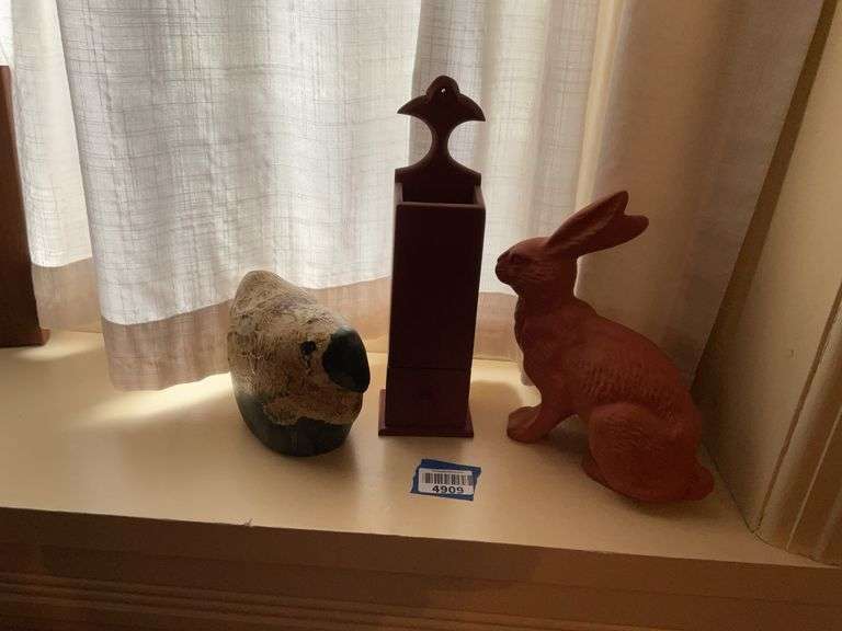 Canvas sheep figure, terra cotta rabbit, country pipe box