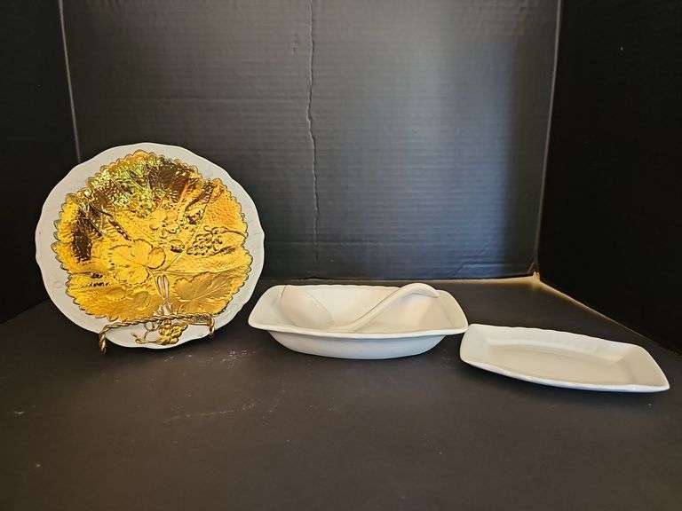 White ironstone china: plate w/ gold luster leaf, Johnson Bros bowl and small platter, ladle