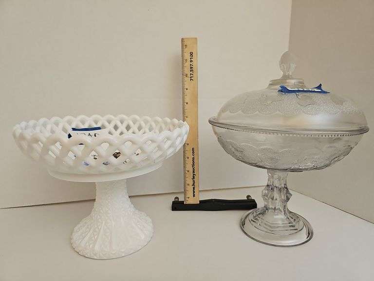 EAPG Covered Compote Ivy in the Snow & Milk Glass Compote w/ floral hand painted center,lattice rim & basket weave
