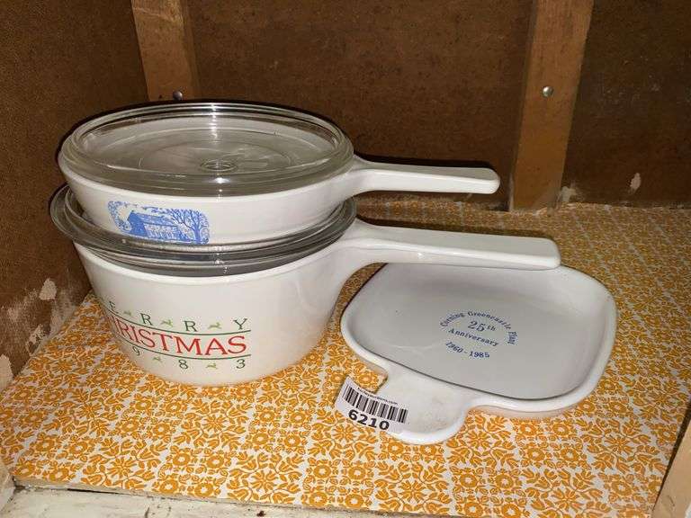 Commemorative Corningware including: 1983 Christmas, 1985 25th Anniversary, Amana RadarRange Blue Colonial House