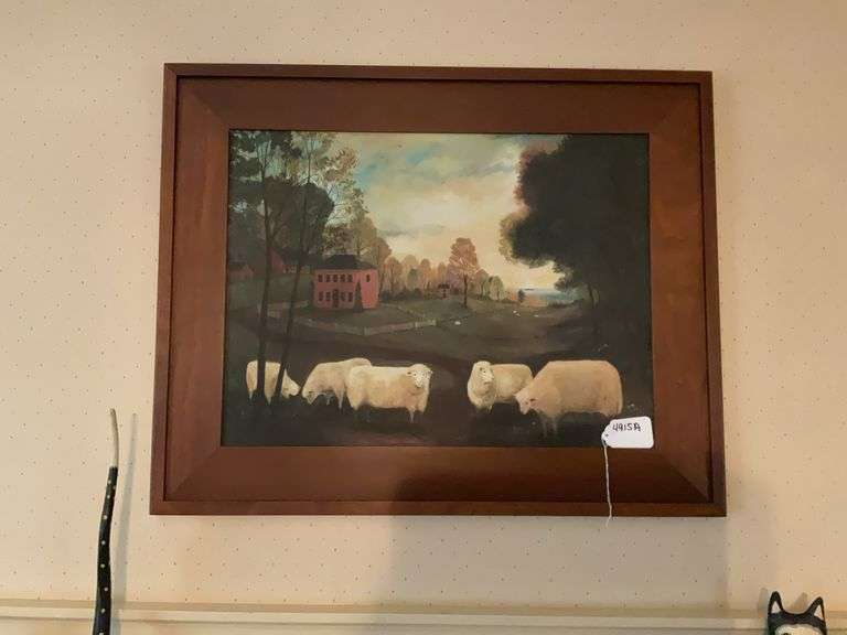 Elizabeth Gilkey folk art print, landscape w/ sheep, framed 25x31
