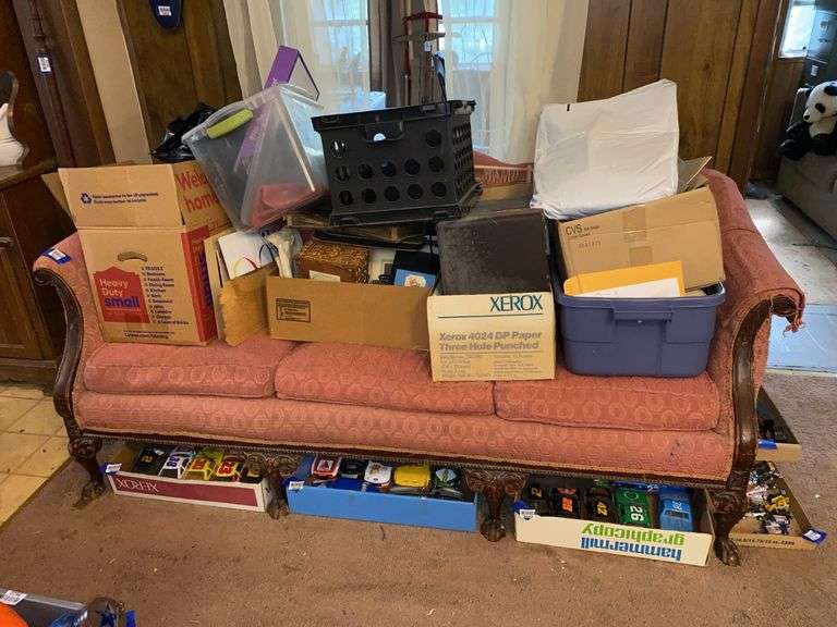 Chippendale Revival sofa w/ carved cabriole legs, claw & ball feet - no contents 76x35x30 - MUST COME DURING LAST 2 HOURS OF PICKUP FOR THIS ITEM