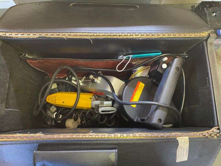 Carrying case, Hoffman Mills electric fabric cutter, Apex A600N bag closing sewing machine