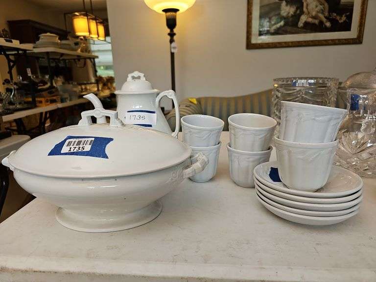 White Ironstone covered vegetable, Coffeepot & Wheat Pattern 6 cups & saucers & covered ironstone dish repaired