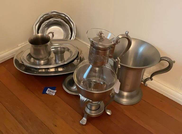 Pewter serving pcs including coffee carafe on warming stand
