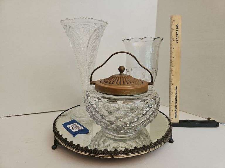 Ornate table mirror plateau EAPG vase, Honeycomb pattern EAPG celery holder & handled covered condiment jar