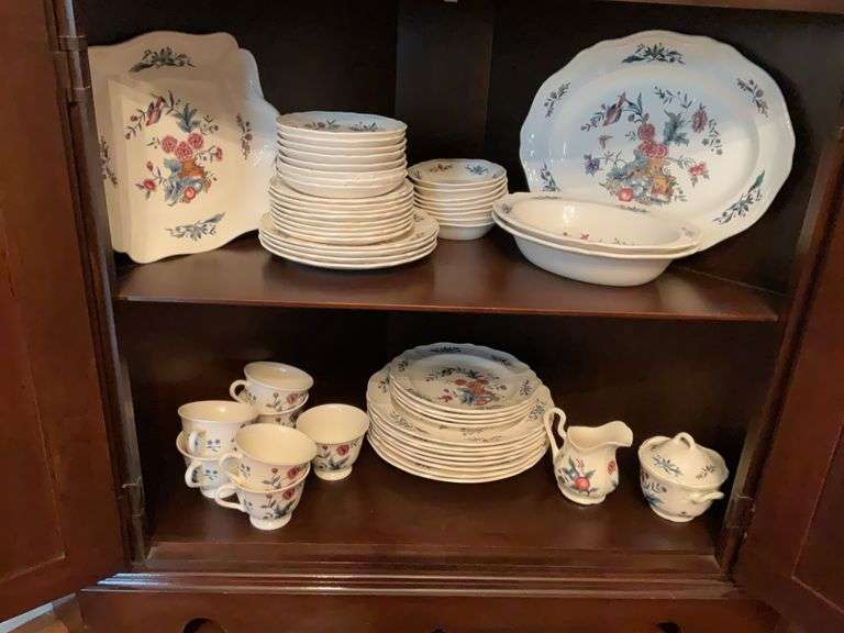 Contents of two shelves: Wedgwood "Williamsburg Potpourri" pattern dinnerware