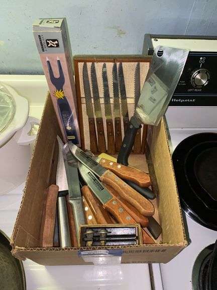 Meat cleaver, steak knives, kitchen knives, meat thermometer/fork, knife sharpener