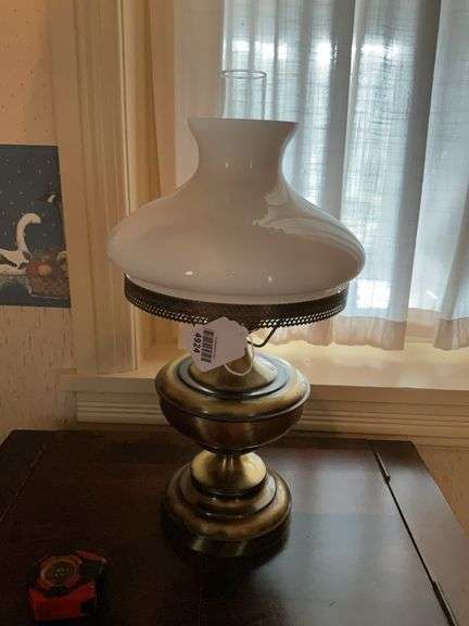 Antiqued brass tone electric table lamp w/ milk glass tam o'shanter shade